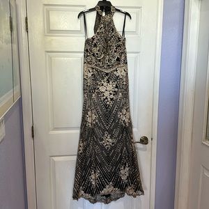 Beaded Embroidered Black & Gold Formal Gown Two Piece Prom Maxi Dave & Johnny